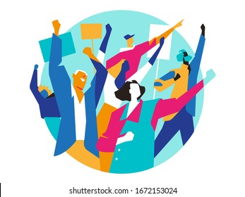 A group of people, activists marching on protest with posters, manifestation for civil rights - Vector illustration