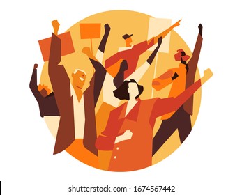 A group of people, activists marching on protest with posters, manifestation for civil rights - Vector illustration