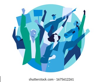 A group of people, activists marching on protest with posters, manifestation for civil rights. 1st of May celebration - Vector illustration