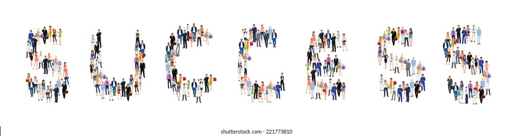 Group of people adult professionals in success lettering shape poster vector illustration