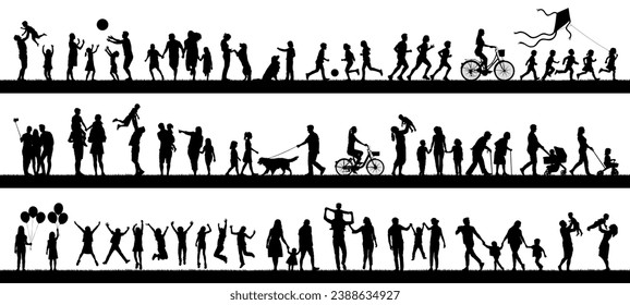 Group people adult seniors and kids outdoor activities vector silhouette set. Family recreation friends children having fun outdoor in park silhouettes.