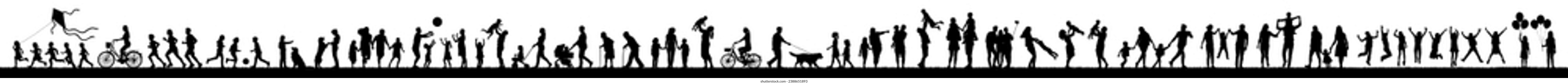 Group people adult seniors and kids outdoor activities vector silhouette set. Family recreation parents with children  playing together outdoor in park silhouettes.