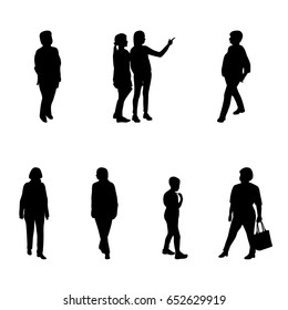 Group of people: adults and children walking on their own business. Black and White Silhouette Vector Illustration. EPS10