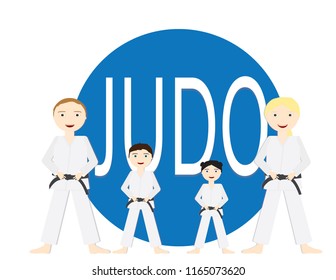 Group of people adults and kids with Judo uniforms and black belt standing infront a bif Blue circle with the word JUDU