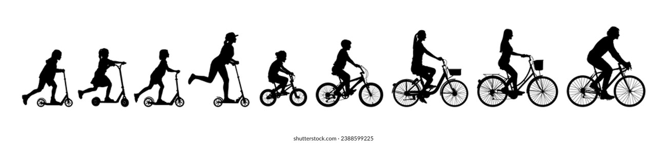 Group of people adults teens kids riding bicycles and scooters together side view black silhouettes set.