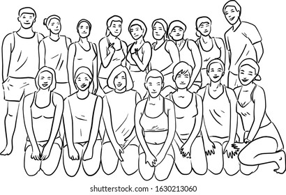 group of people after yoga class standing and sitting together vector illustration sketch doodle hand drawn isolated on white background