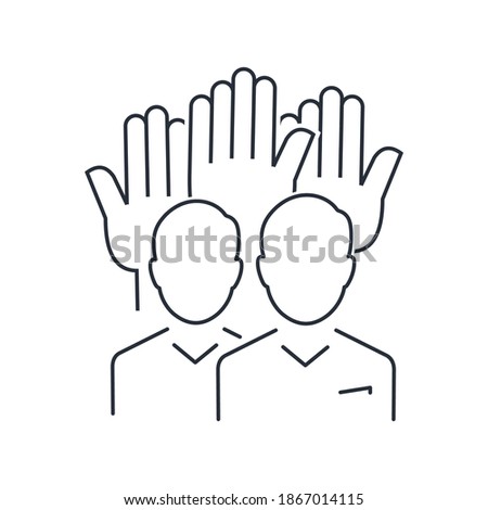 A group of people against the background of raised hands. Trust and support from social groups. Public representatives. Vector linear icon isolated on white background.
