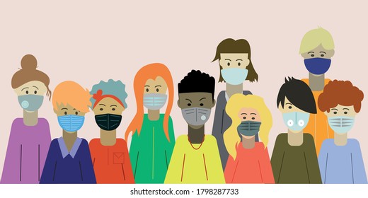 A group of people from all over the world wearing medical masks to prevent disease, flu, air pollution, viruses and infections of the world. Vector illustration in flat style