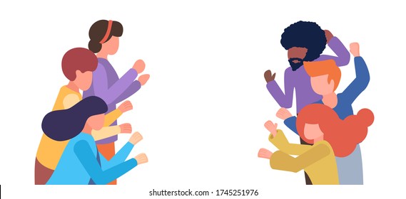 Group of people applaud. Men and women show applause. Vector flat cartoon illustration with copy space for text. Friends express gratitude and encouragement, love. People no face applaud, sympathize.