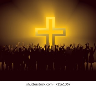 group of people around glowing Cross