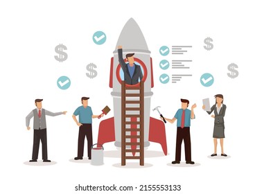 Gruppe von Leuten um eine Rakete, die sich auf den Start vorbereitet. Kreatives Unternehmenskonzept für Unternehmensgründungen Flache Vektorgrafik.