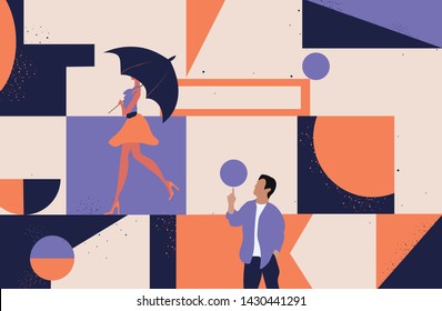 Group of people arranging abstract geometric shapes. Men and women holding figures - circle, square, triangle. Concept of organization and arrangement. Modern flat cartoon vector illustration