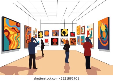 a group of people in art exhibition illustration 