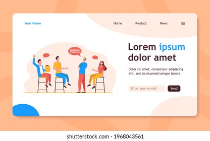 Group of people asking questions on business training. Chair, corporation, work flat vector illustration. Qualification and education concept for banner, website design or landing web page