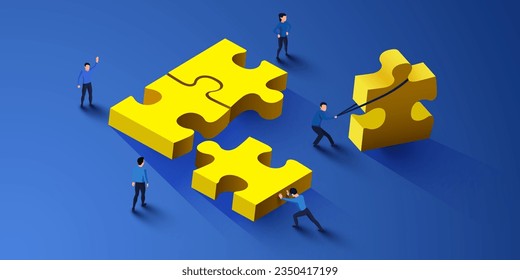 Group of people assemble jigsaw puzzle. Partnership concept. Vector illustration.