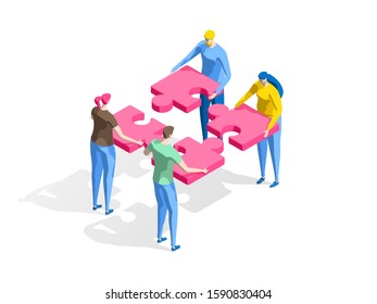 Group of people assemble a puzzle, metaphor.Teamwork concept. Can use for web page, infographics. Flat isometric vector illustration isolated on white background.