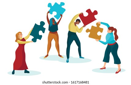 Group of people are assemble the puzzle. Togetherness Community Concept. Cooperation and partnership metaphor with jigsaw puzzle piece. Vector cartoon illustration in modern concept. 