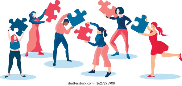 Group of people are assemble the puzzle. Togetherness Community Concept. Cooperation and partnership metaphor with jigsaw puzzle piece. Vector cartoon illustration in modern concept. 