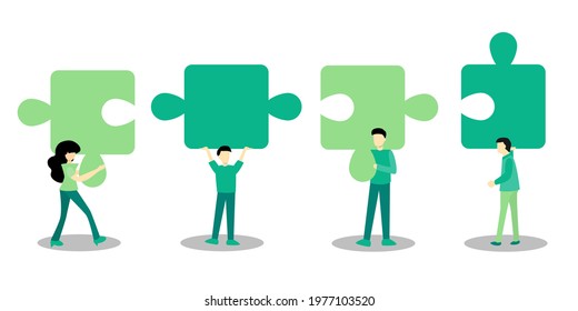 Group of people assembling jigsaws together. Office workers helping each other to make the mission complete. Teamwork concept.