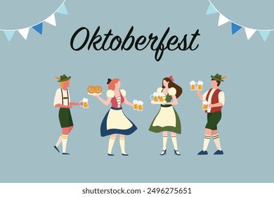 Group of people attending oktoberfest party celebration. man and woman wearing traditional clothes. Flat cartoon illustration.