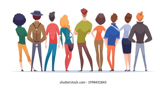 Group People Back View. Teenagers Standing Crowd Persons With Backpackers Man And Woman Together Exact Vector Cartoon Background