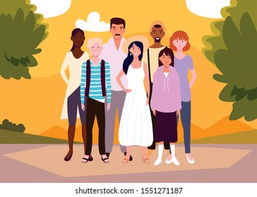 group of people with background landscape vector illustration design