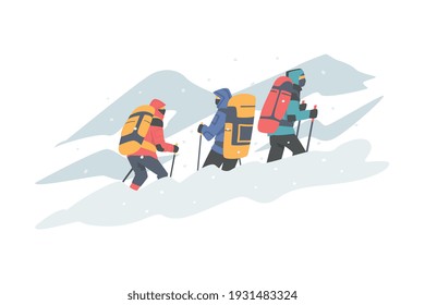 Group of People with Backpack Ascending Mountain Vector Illustration