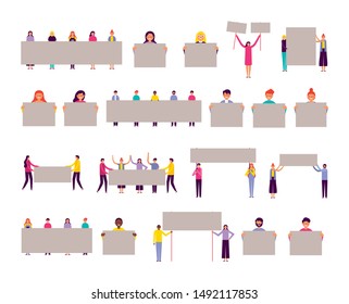 group of people with banners protest vector illustration design