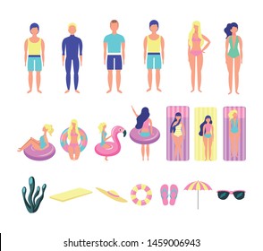 group of people with beach costumes bundle characters vector illustration design