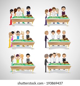 Group Of People Behind Roulette Table In A Casino Set - Vector Illustration, Graphic Design Editable For Your Design. People Celebrating A Gambling Night