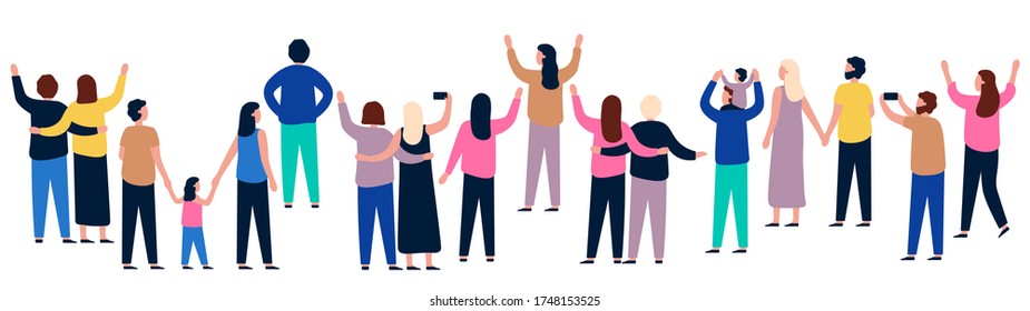 Group of people from behind. People showing and standing, gathering crowd back, illustration men and women vector