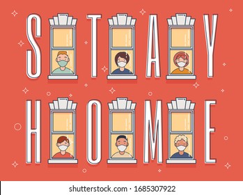 Group of people behind windows of their apartments in protective medical face masks and stay home caption. Coronavirus quarantine concept. Vector illustration