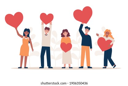 Group of people with big hearts or likes in hands. Characters likes on social networks. Flat vector cartoon concept illustration. Banner, poster, background, website, application.