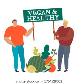 Grupo de personas con grandes verduras sujetando letreros veganos y sanos aislados en el vector blanco plano. 