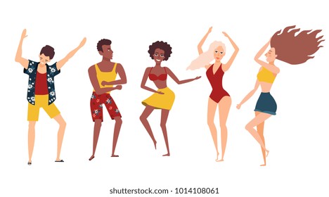 Group of people, black and Caucasian, dancing at summer beach party, flat style vector illustration isolated on white background. Young people, men and women dancing at beach party