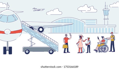 Group of people boarding plane for departure. Cartoon passengers entering airplane holding luggage before travel. Air transportation, flight and trip concept. Linear vector illustration