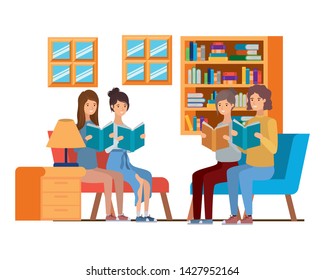 group of people with book in hands in living room
