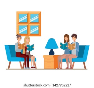 group of people with book in hands in living room