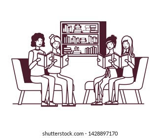 group of people with book in hands in living room