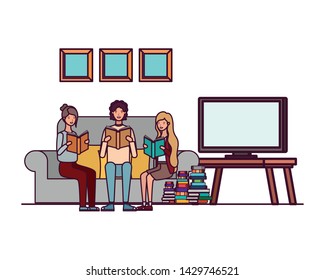 group of people with book in hands in living room