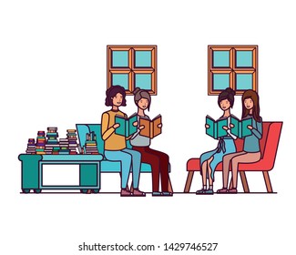 group of people with book in hands in living room