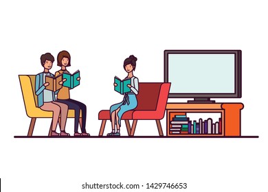 group of people with book in hands in living room