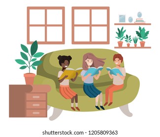 group of people with book in livingroom avatar character 