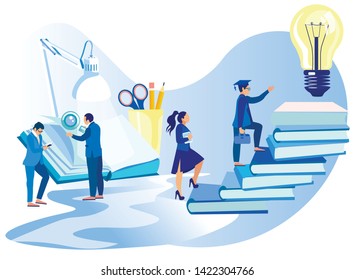 Group People with Book. Study and Self-Development. Competition in Business. Man Rejoice Business Success. Career Ladder Graduate University. Young Guy Climbs Books for his Idea in form Light Bulb
