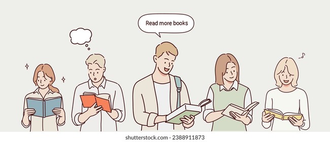 Group of people with books. Hand drawn style vector design illustrations.