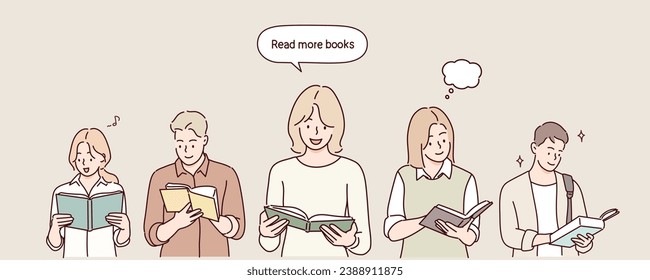 Group of people with books. Hand drawn style vector design illustrations.