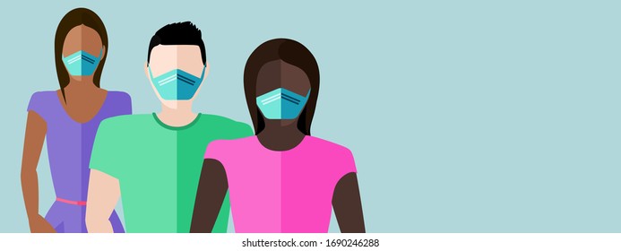 Group of people both male and female  with masks and copy space for COVID-19 coronavirus prevention concept