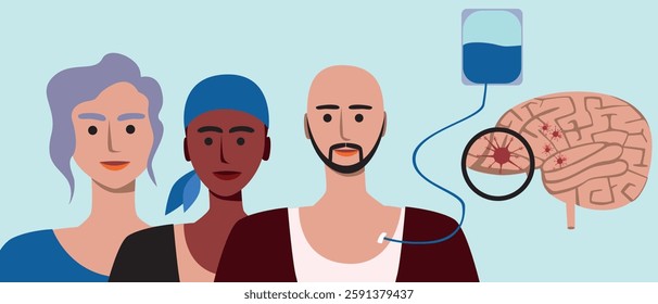 Group of people, brain cancer patients with metastases, flat vector stock illustration as cancer control concept