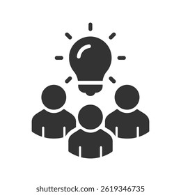 Group of people brainstorming together, with a light bulb shining above them symbolizing a bright idea. Concept for teamwork, innovation, and problem-solving