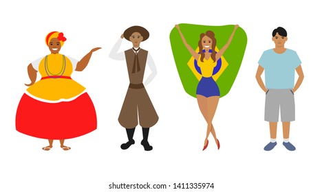 Group of people Brazilian nationality in different clothes standing on white background. Flat cartoon vector illustration.